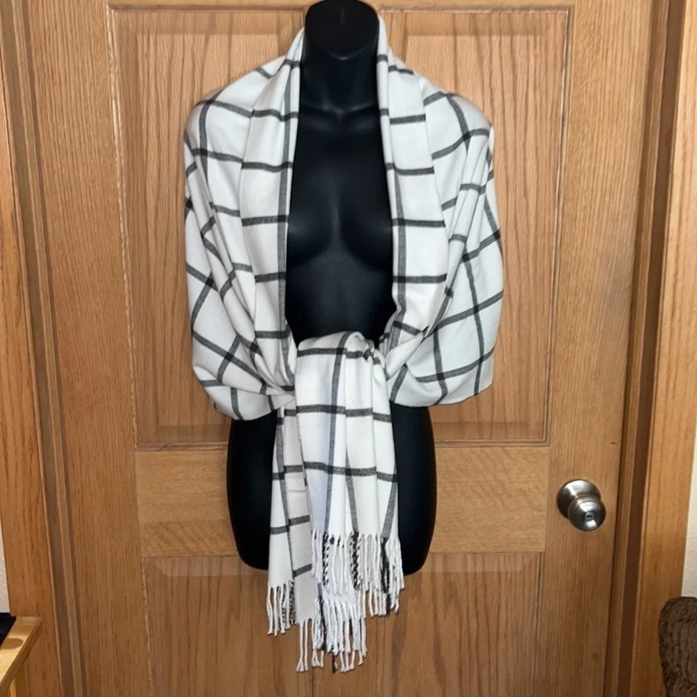 Winter white and black plaid wrap scarf